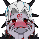 A stylized anime girl with a heavy red blush and a spiral on her forehead, holding her face with both hands.