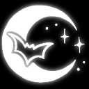 A stylized black bat silhouette flying in front of a white crescent moon with small sparkling stars.