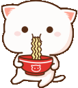 A white kitten happily slurping long noodles from a red bowl.
