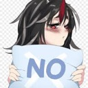 An exhausted anime girl with dark circles under her eyes holds a blue pillow with the word NO printed on it.