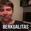 Young man making a silly face with his tongue out and the text BERKUALITAS at the bottom.