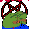 Pepe the Frog with a smug expression standing in front of a black pentagram with red liquid dripping down.