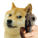 Doge face looking intensely while a human hand holds a handgun pointed forward.