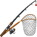 Fishing rod with a reel and a landing net positioned next to it.