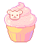 A pink pixel art cupcake topped with a small white bear face.