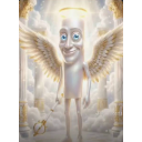 A surreal tongue character with angel wings and a halo, wearing a smug expression.