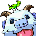 Wumporo creature with white fur, horns, and a green leaf on its head, sticking its tongue out happily.