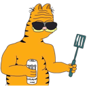 Garfield wearing sunglasses, holding a beverage and a spatula with a relaxed expression.