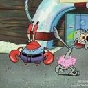 Mr. Krabs stands still while Squidward dances in a pink tutu in a surreal cartoon scene.