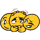 Three yellow emoji faces with the center one looking flustered while the side faces look on with mischievous expressions.