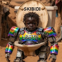 A child wearing a rainbow-colored robotic suit with a toilet seat around their neck looking directly at the camera.