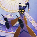 Adam from Hazbin Hotel pointing forward with a smug grin and glowing yellow eyes.