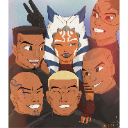 Ahsoka Tano and the Bad Batch clones smiling and posing together in a group selfie.