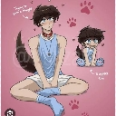 Puppy boy character with brown hair and a tail sitting shyly, accompanied by a smaller chibi version on a pink background.