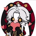 A cute chibi character holding a heart with floating hearts around them.