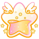 A cute, golden star with small white wings and sparkling dust around it.