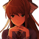 Monika from Doki Doki Literature Club resting her chin on her hands with a smug, knowing smile.