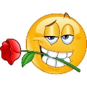 Yellow smiley face with a smug expression holding a red rose in its teeth.