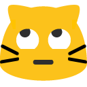 Yellow cat face rolling its eyes upward with a flat mouth expression.