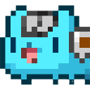 A small blue pixelated creature with a gray head piece and a mischievous expression.