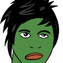 Pepe the Frog with a black emo haircut and a deadpan, bored expression.