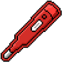A red digital thermometer with a silver tip in a pixel art style.