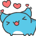 A cute blue creature with a happy expression surrounded by floating pink hearts.