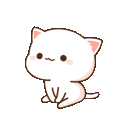 A small white kitten sitting and wiggling with a happy, simple expression.
