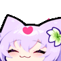Cat girl with purple hair and a flower smiling with floating pink hearts around her head.