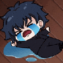 Chibi boy in a suit crying and kicking his legs while lying on the floor.