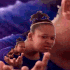 Woman with a confused expression held in her own palm in a recursive infinite loop.