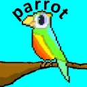 A green and blue parrot with a yellow chest perched on a brown branch with the word parrot written above it.