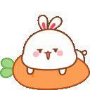 A white bunny with a smug expression sitting on a large orange carrot.