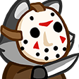 A cartoon wolf wearing a white hockey mask with red markings and holding a silver knife.