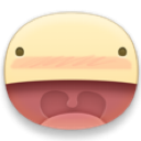 A round yellow face with a wide-open mouth and a pink blush across its cheeks.