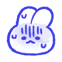 A white cartoon bunny with a nervous expression and blue sweat lines appearing on its face.