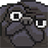 A black pug with a suspicious side-eye expression rendered in pixel art style.