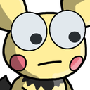 Pichu with extremely large, wide eyes and a blank, deadpan expression.