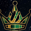 Crown with a green and gold stained-glass pattern against a dark starry background.