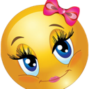 A yellow smiley face with long eyelashes, a pink bow, and a blushing expression.