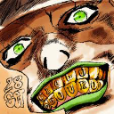 Gyro Zeppeli with wide green eyes and a golden grill showing his teeth in a close-up shot.