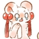 Tubao creature with red hair accessories crying blue tears while looking distressed.