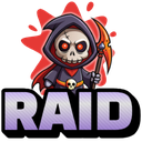A chibi grim reaper holding a scythe with a red background and the word RAID written below.