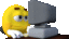 Yellow smiley face character reacting with increasing shock and jaw-dropping surprise while sitting at a computer desk.