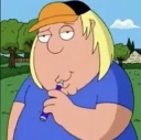 Chris Griffin from Family Guy wearing a cap and blue shirt while vaping with a bored expression.