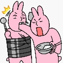 A pink bunny aggressively shoving food into the mouth of another pink bunny who is tied up with ropes.
