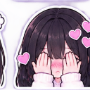 Anime girl with dark hair blushing and covering her eyes with her hands while surrounded by floating pink hearts.