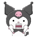 Kuromi with a terrified expression and hands held to her face in panic.