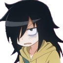 Tomoko Kuroki with long black hair looking unimpressed and skeptical with heavy bags under her eyes.