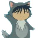 Character in a gray cat onesie waving with a gentle smile.